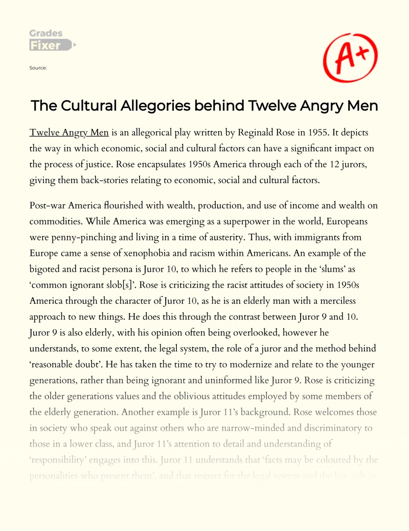 The Cultural Allegories Behind Twelve Angry Men Essay