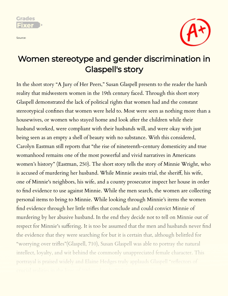 Women Stereotype and Gender Discrimination in Glaspell's Story Essay