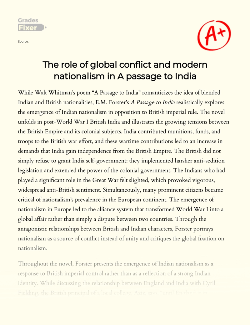 The Role of Global Conflict and Modern Nationalism in a Passage to India Essay