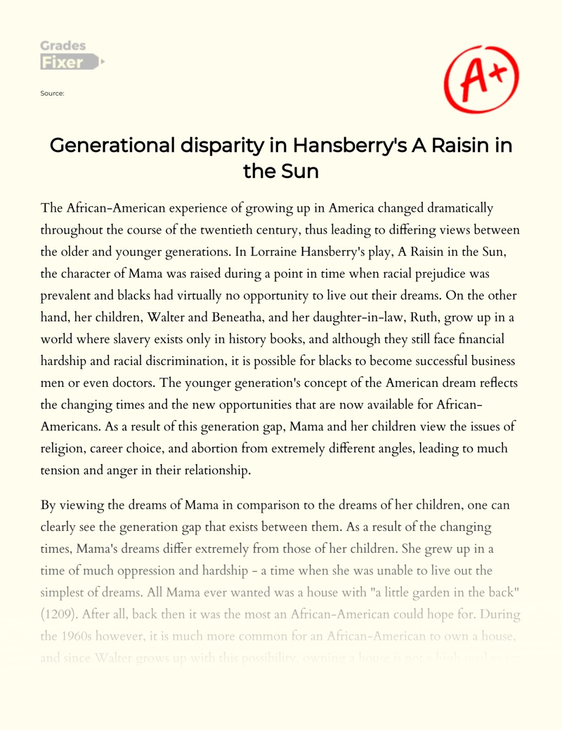 Generational Disparity in Hansberry's a Raisin in The Sun essay