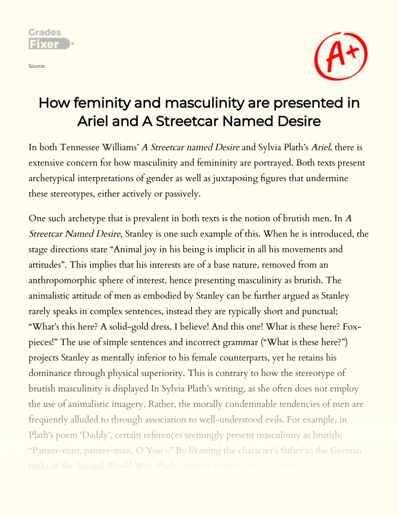 How Femininity and Masculinity Are Presented in Ariel and a Streetcar Named Desire essay