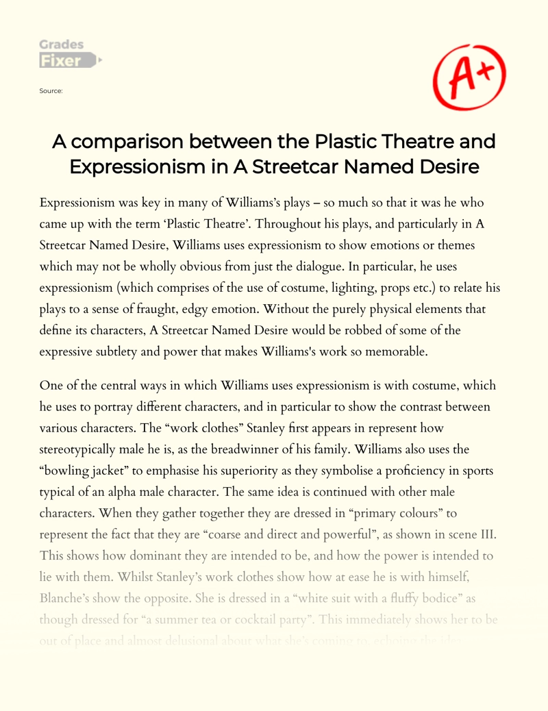 A Comparison Between The Plastic Theatre and Expressionism in a Streetcar Named Desire essay