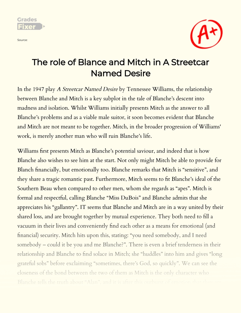 The Role of Blanche and Mitch in a Streetcar Named Desire essay