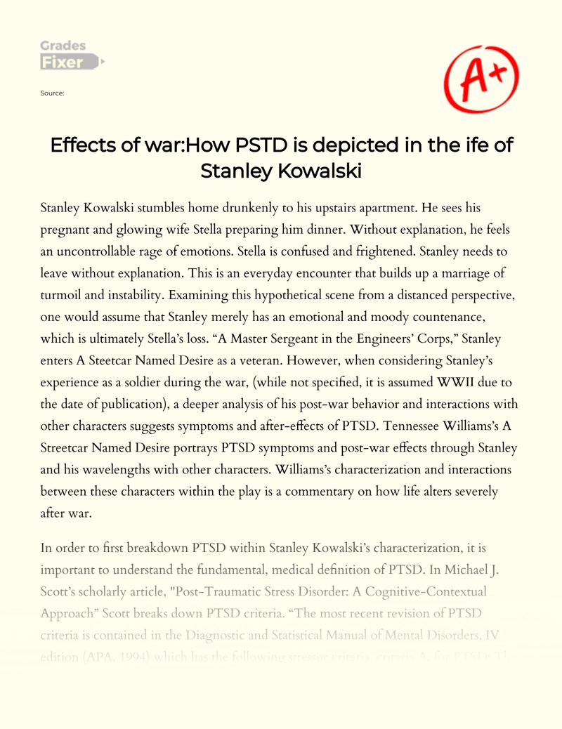 Effects of War: How Ptsd is Depicted in The Life of Stanley Kowalski Essay