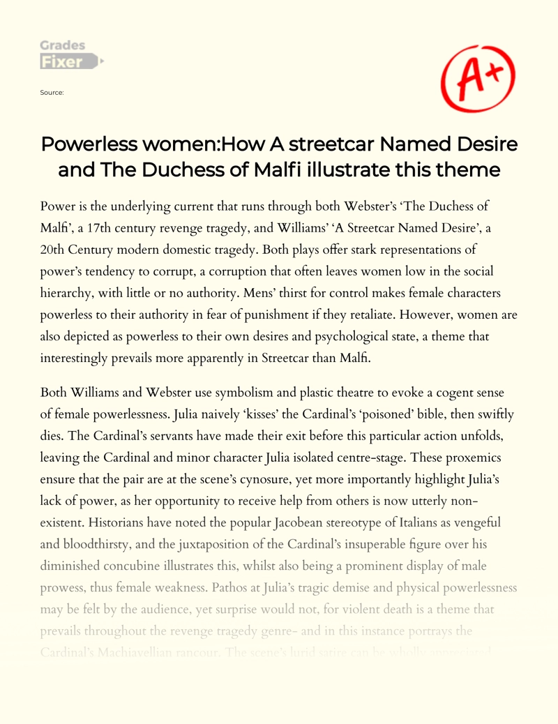 Powerless Women: How a Streetcar Named Desire and The Duchess of Malfi Illustrate This Theme essay