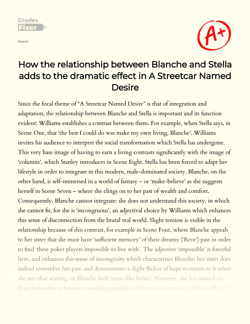Analysis of Blanche and Stella Relationship in a Streetcar Named Desire Essay