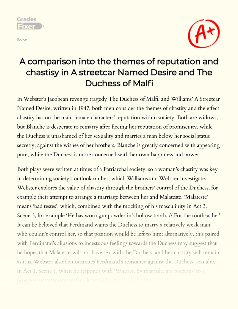 A Comparison into The Themes of Reputation and Chastisy in a Streetcar Named Desire and The Duchess of Malfi Essay