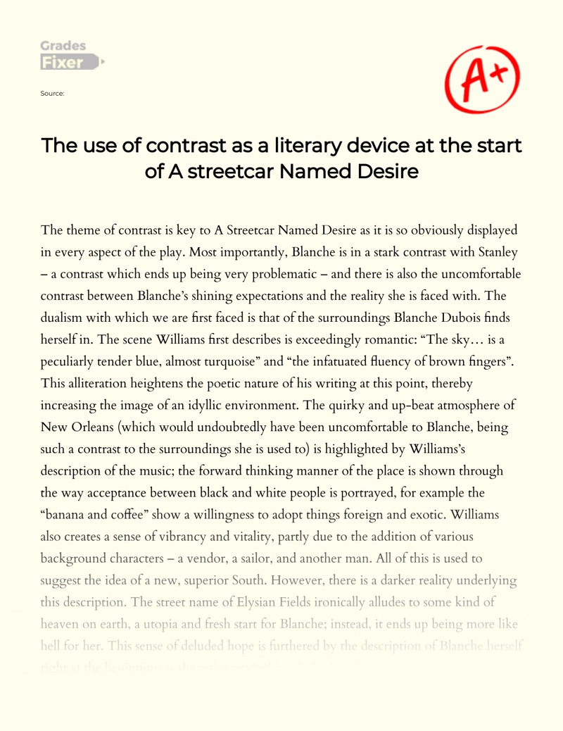 The Use of Contrast as a Literary Device at The Beginning of a Streetcar Named Desire Essay