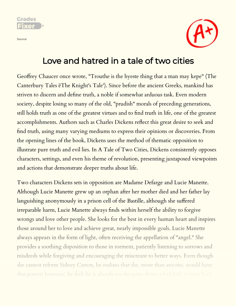 Love and Hatred in a Tale of Two Cities essay