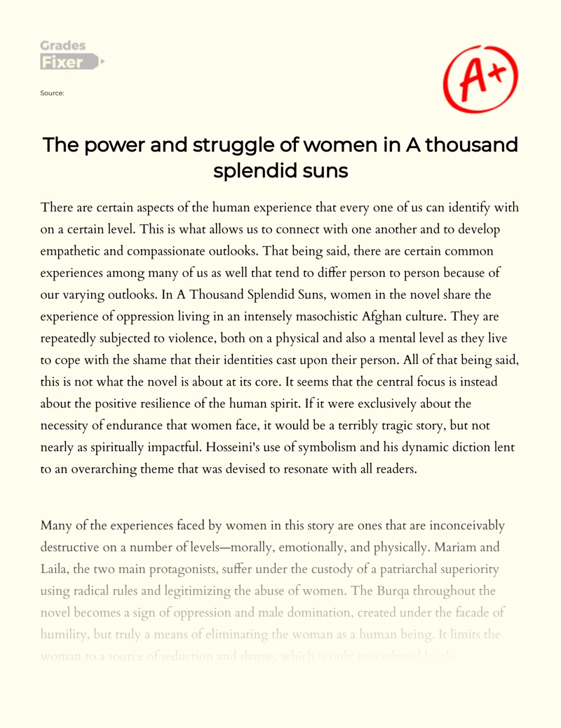 The Power and Struggle of Women in a Thousand Splendid Suns essay