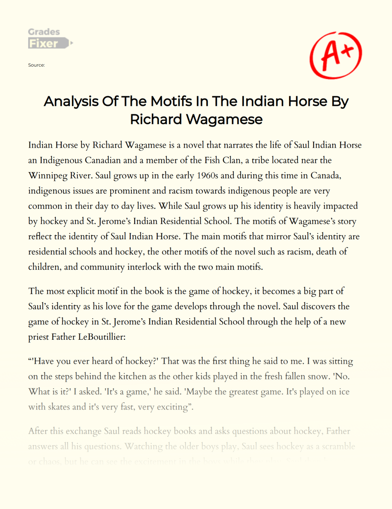 Analysis of The Motifs in The Indian Horse by Richard Wagamese Essay