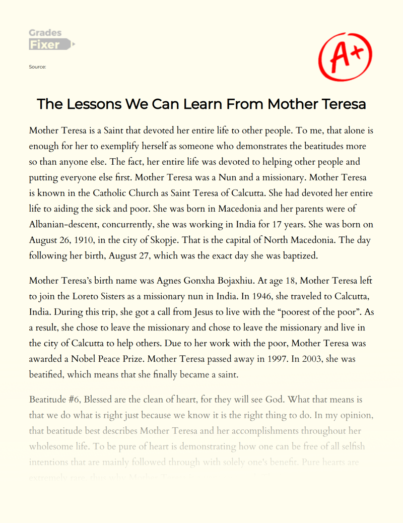 The Lessons We Can Learn from Mother Teresa Essay