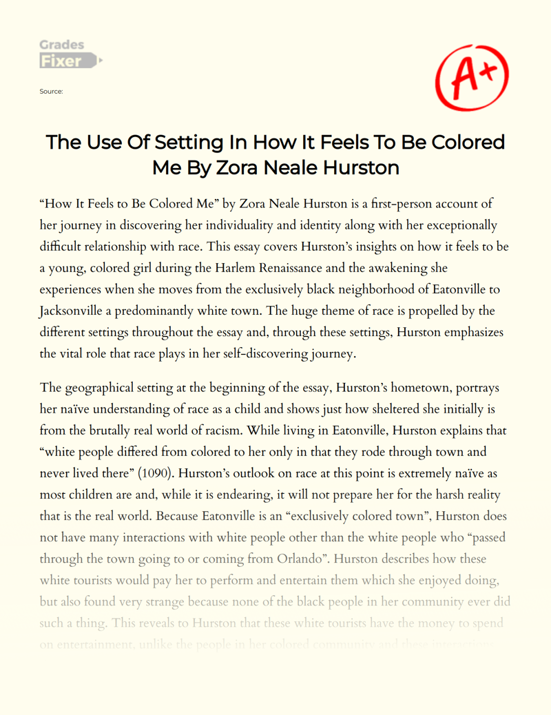 The Use of Setting in How It Feels to Be Colored Me by Zora Neale Hurston Essay