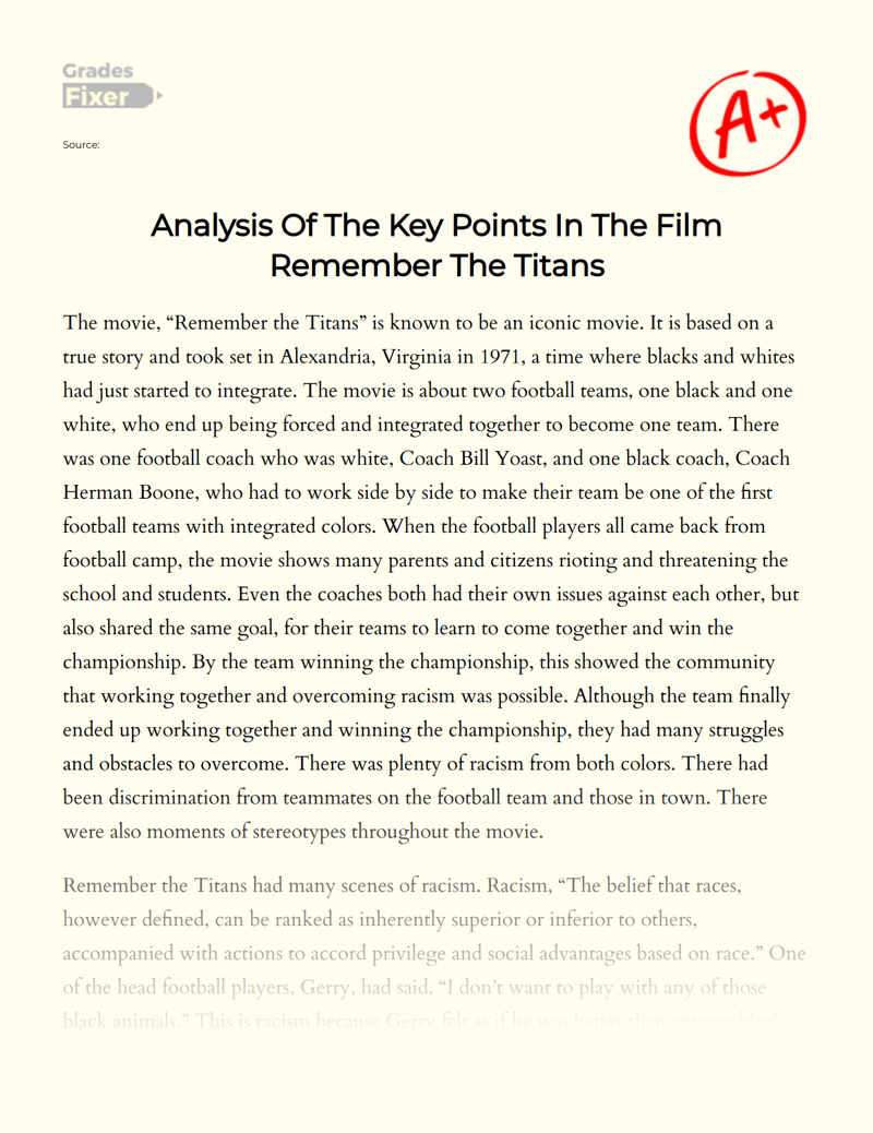Analysis of The Key Points in The Film Remember The Titans Essay