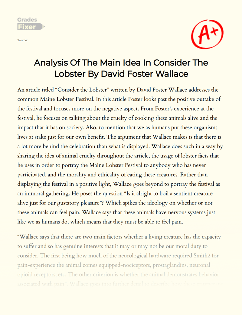 Analysis of The Main Idea in Consider The Lobster by David Foster Wallace essay