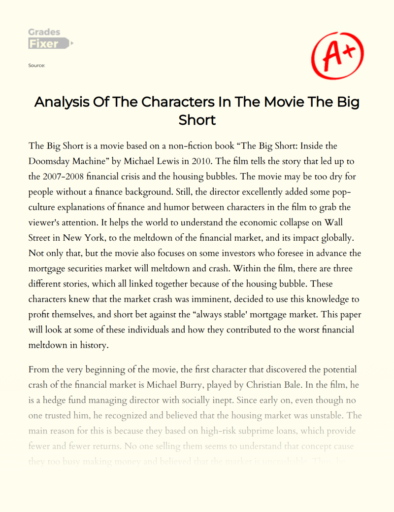 Analysis of The Characters in The Movie The Big Short Essay
