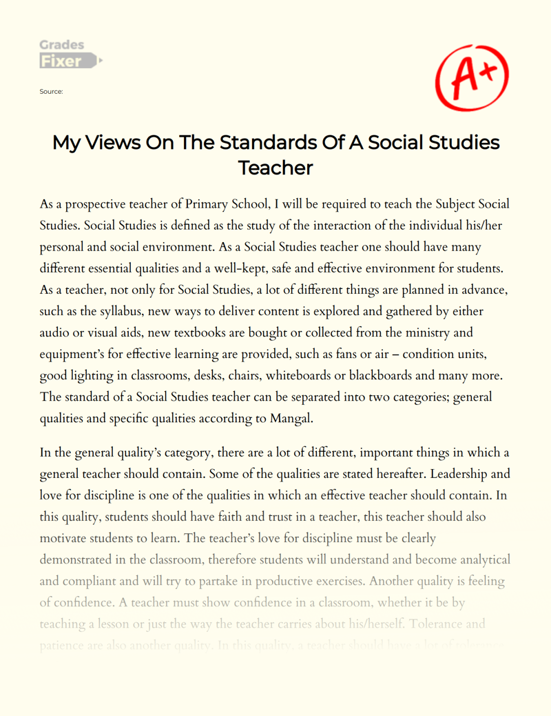 My Views on The Standards of a Social Studies Teacher Essay