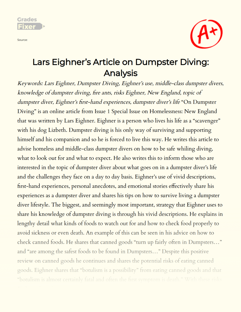 Lars Eighner’s Article on Dumpster Diving: Analysis  Essay