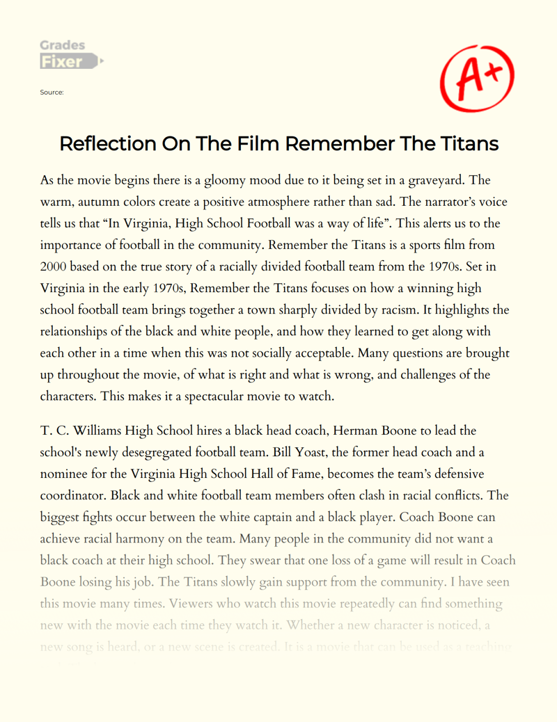Reflection on The Film Remember The Titans Essay