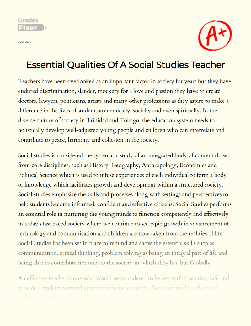 Essential Qualities of a Social Studies Teacher Essay