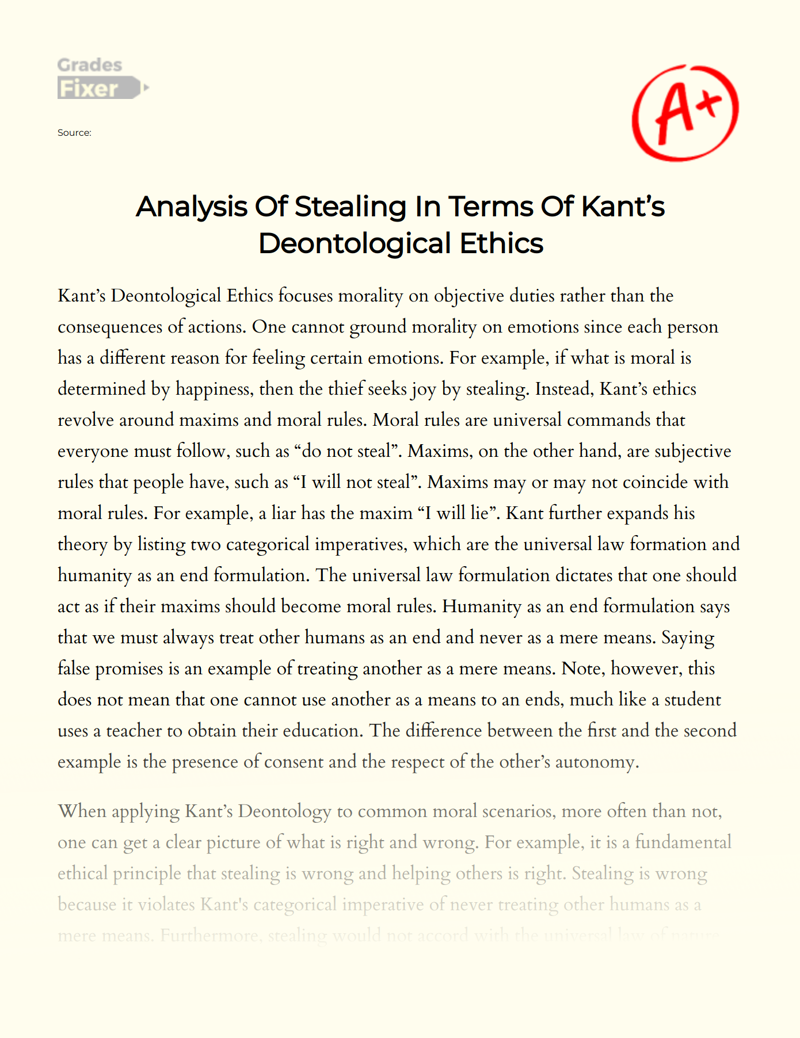 Analysis of Stealing in Terms of Kant’s Deontological Ethics Essay