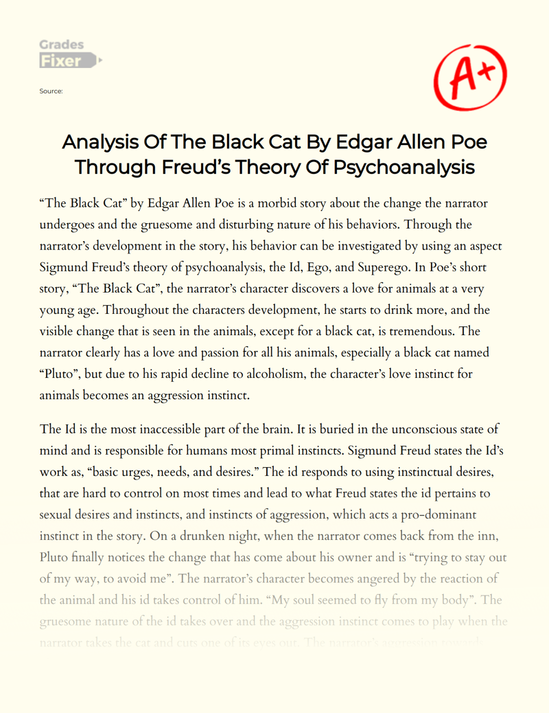 Analysis of The Black Cat by Edgar Allen Poe Through Freud’s Theory of Psychoanalysis Essay