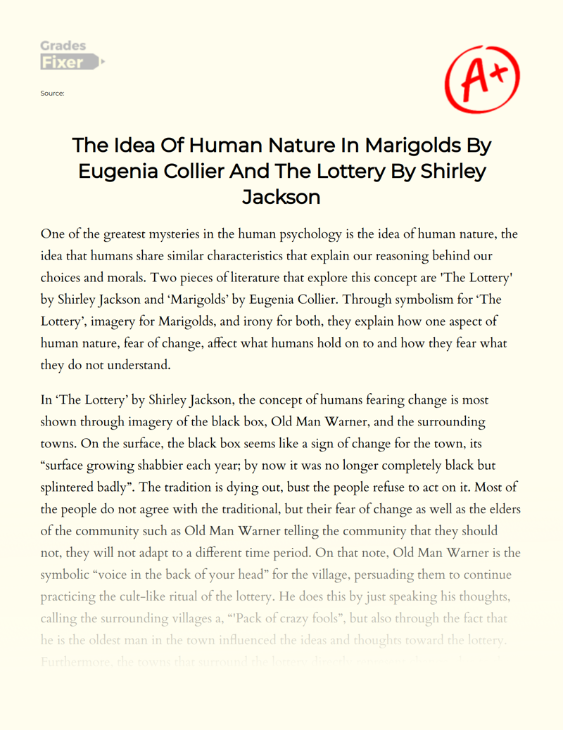 The Idea of Human Nature in Marigolds by Eugenia Collier and The Lottery by Shirley Jackson essay