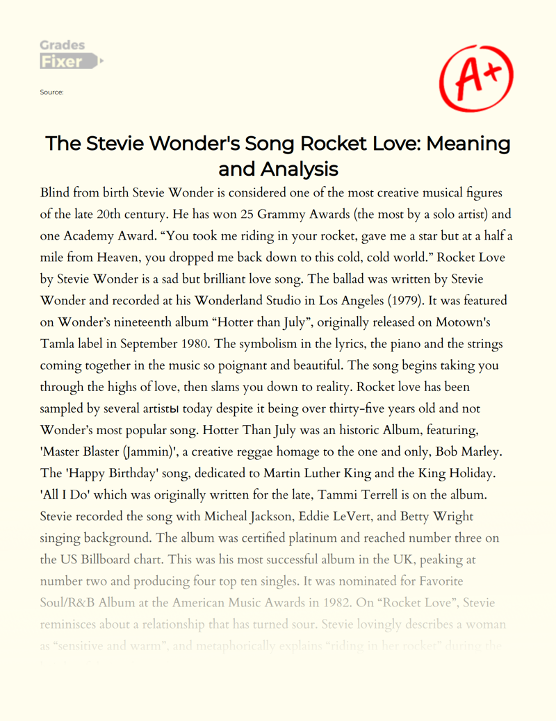 The Stevie Wonder's Song Rocket Love: Meaning and Analysis  Essay