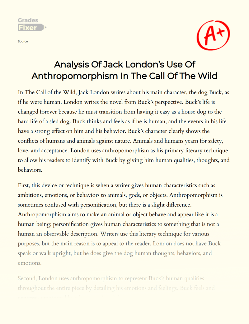Analysis of Jack London’s Use of Anthropomorphism in The Call of The Wild Essay