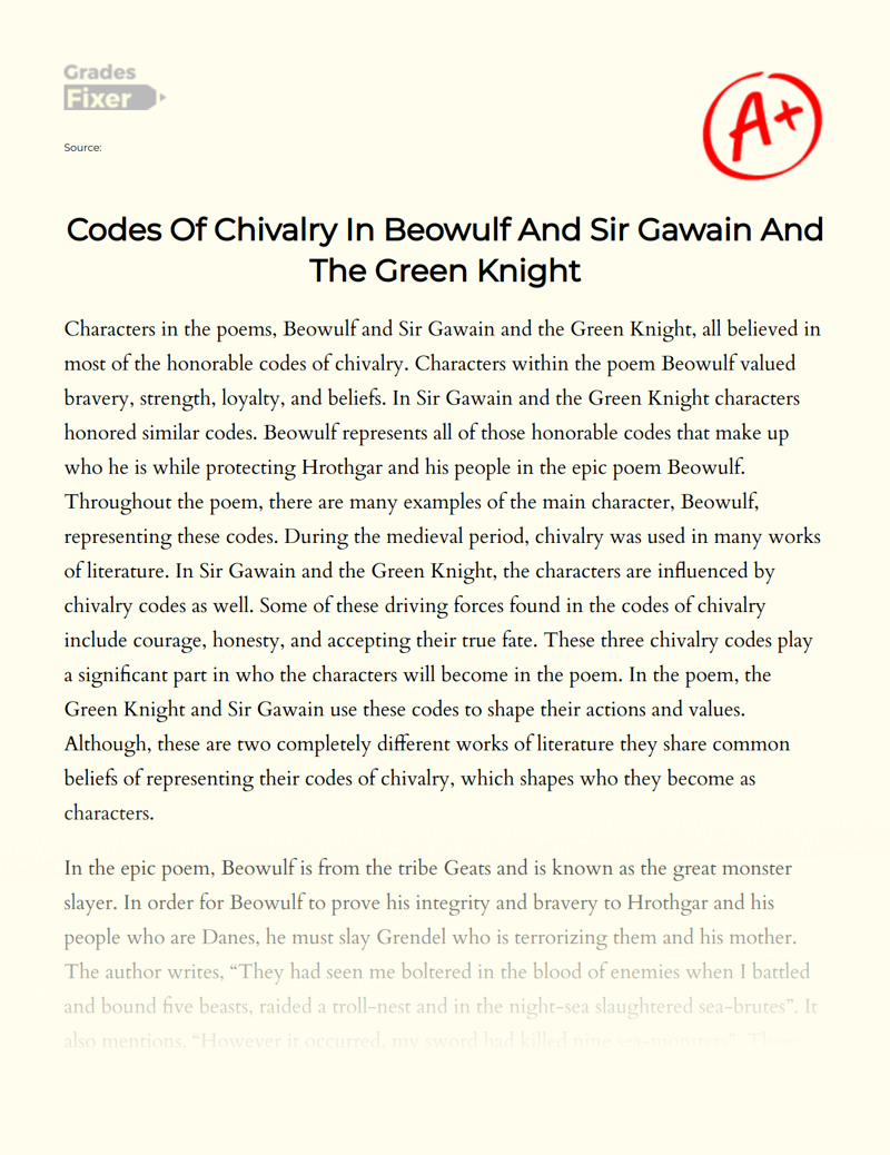 Codes of Chivalry in Beowulf and Sir Gawain and The Green Knight Essay