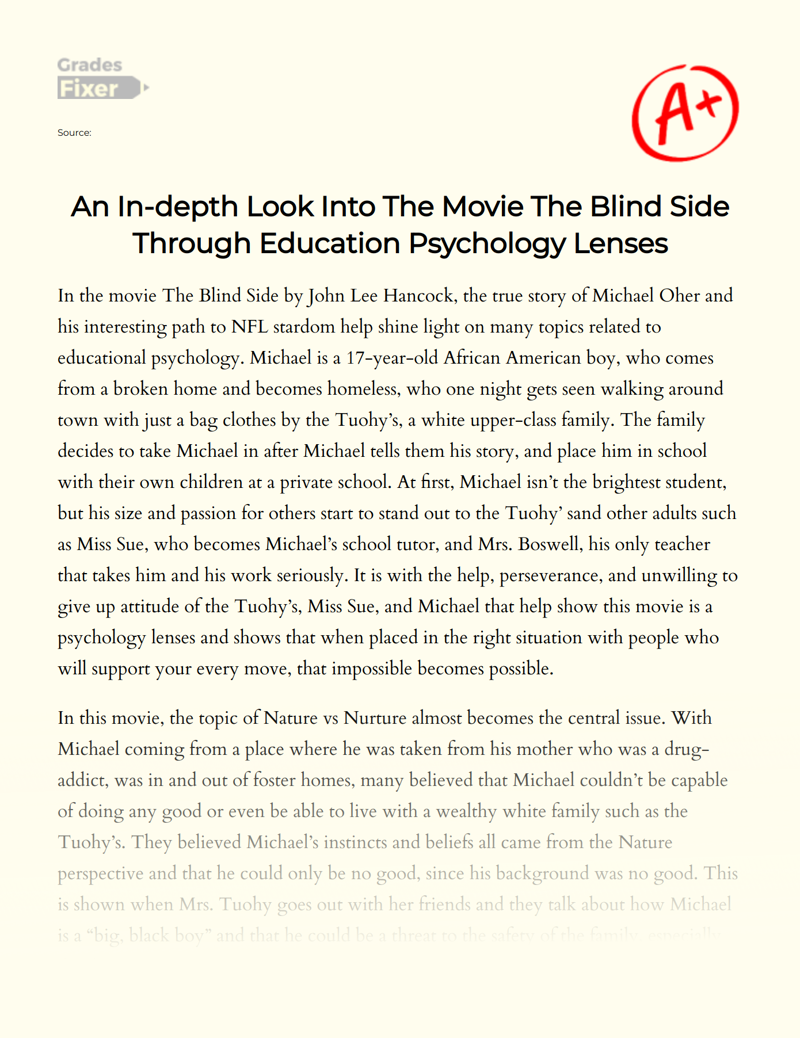 An In-depth Look into The Movie The Blind Side Through Education Psychology Lenses Essay