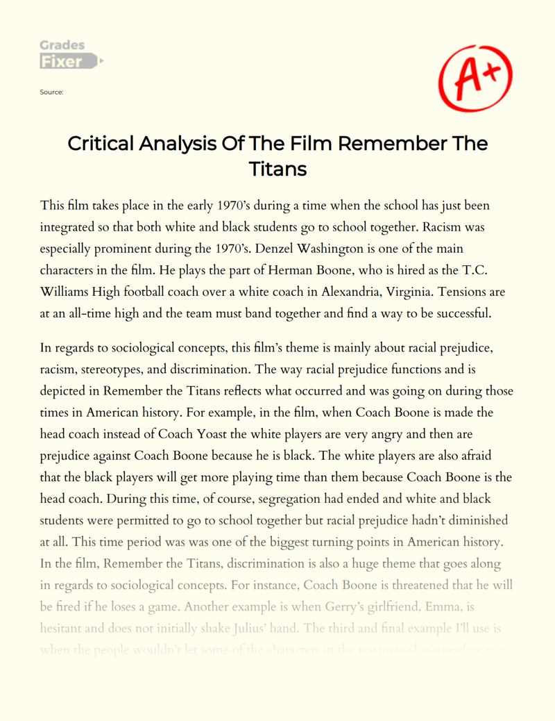 Critical Analysis of The Film Remember The Titans Essay