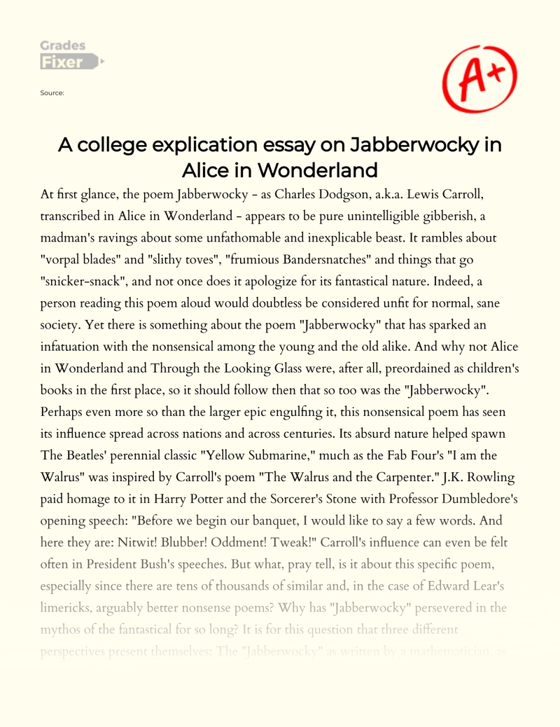 Explication of Jabberwocky in "Alice in Wonderland" Essay