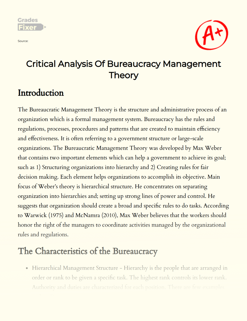 Critical Analysis of Bureaucracy Management Theory Essay