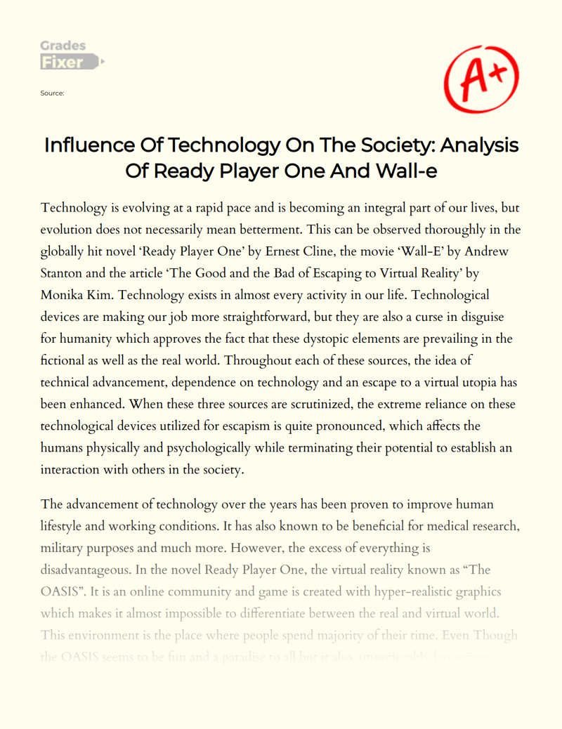 Influence of Technology on The Society: Analysis of Ready Player One and Wall-e Essay