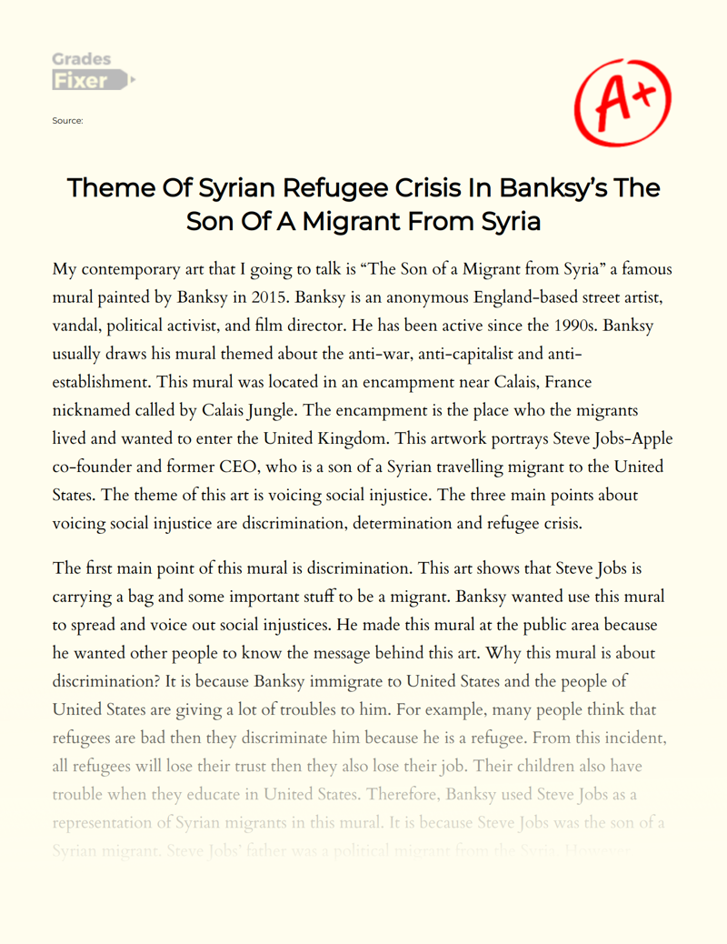 Theme of Syrian Refugee Crisis in Banksy’s The Son of a Migrant from Syria Essay