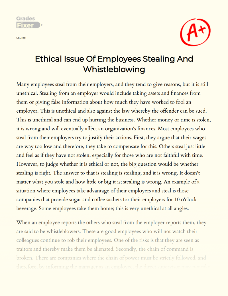 Ethical Issue of Employees Stealing and Whistleblowing Essay