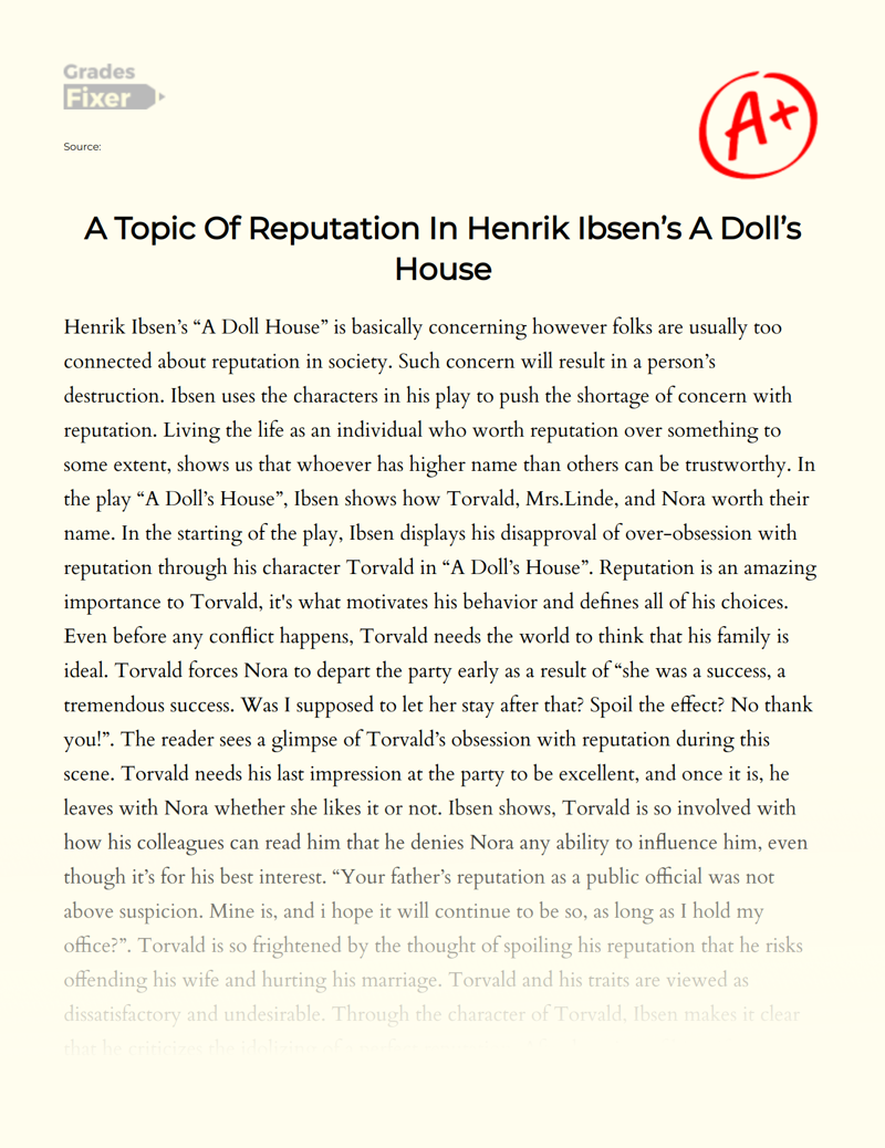 A Topic of Reputation in Henrik Ibsen’s a Doll’s House Essay