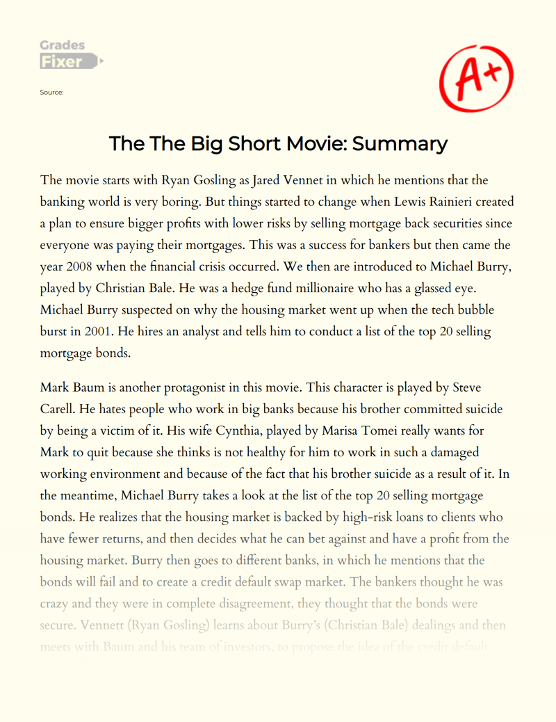 "The The Big Short" Movie: Summary Essay