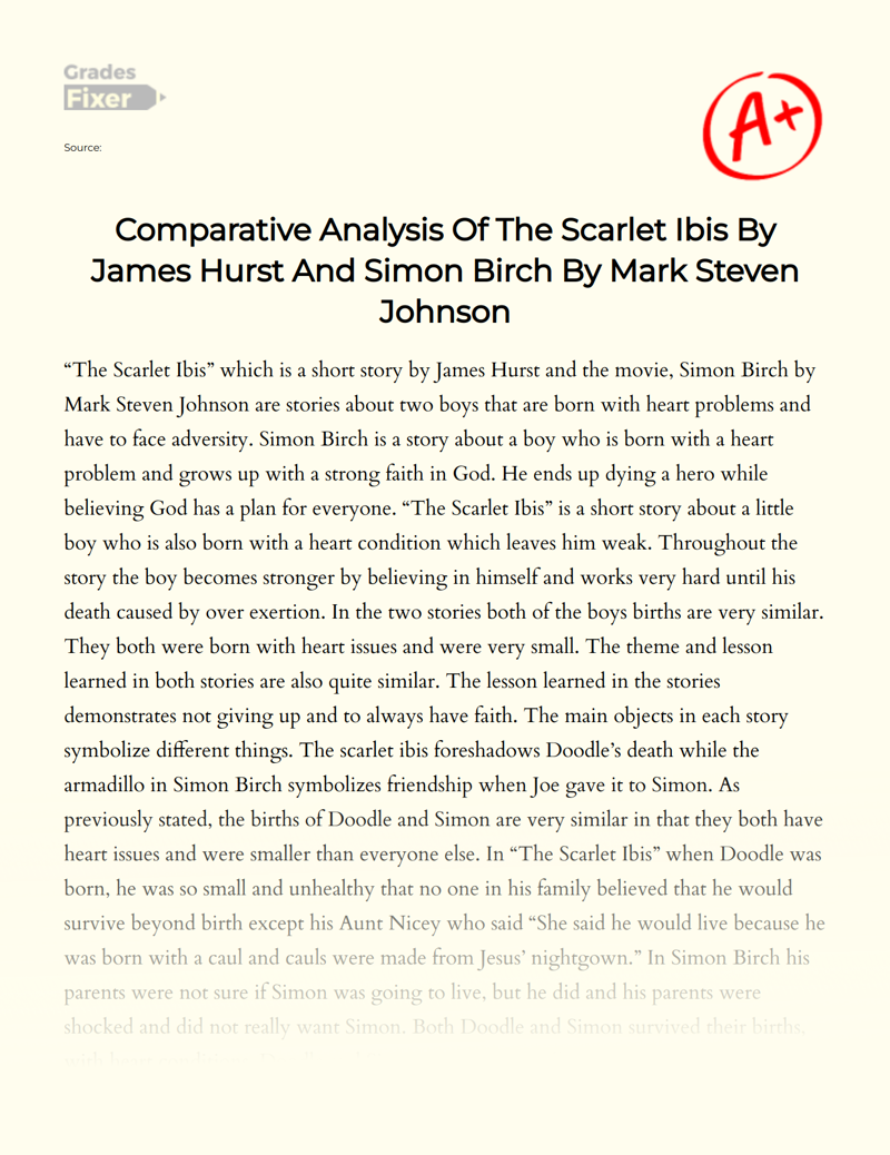 Comparative Analysis of The Scarlet Ibis by James Hurst and Simon Birch by Mark Steven Johnson Essay