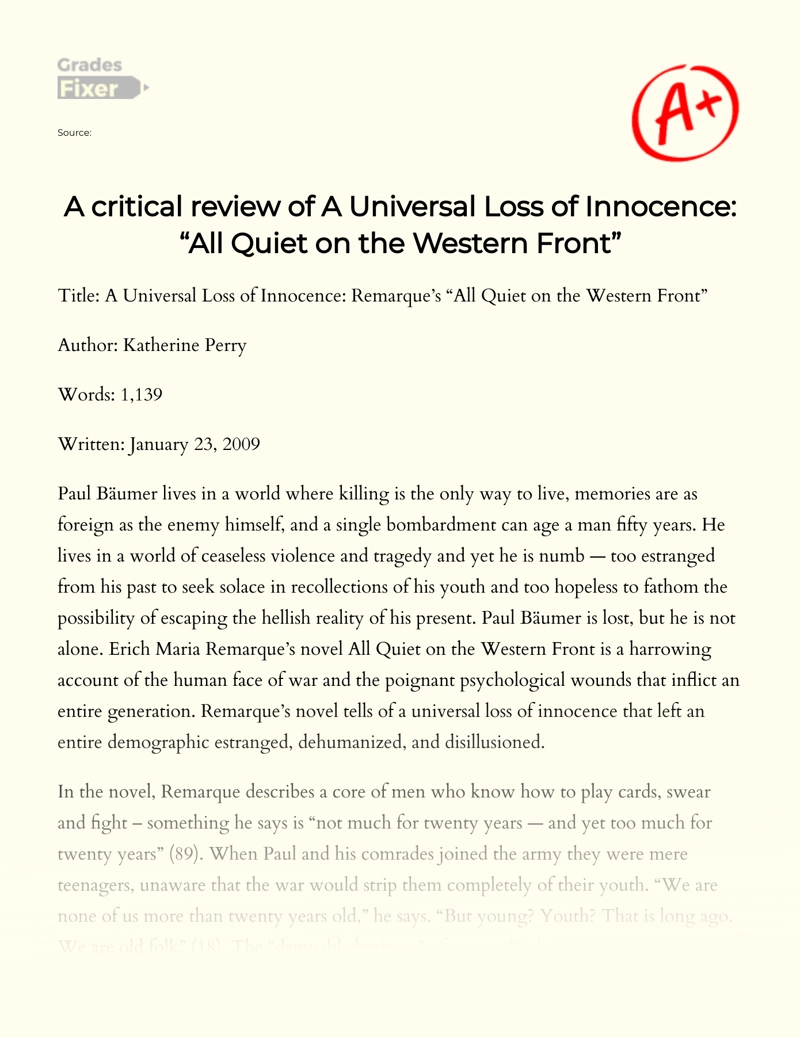 A Universal Loss of Innocence in "All Quiet on The Western Front" Essay