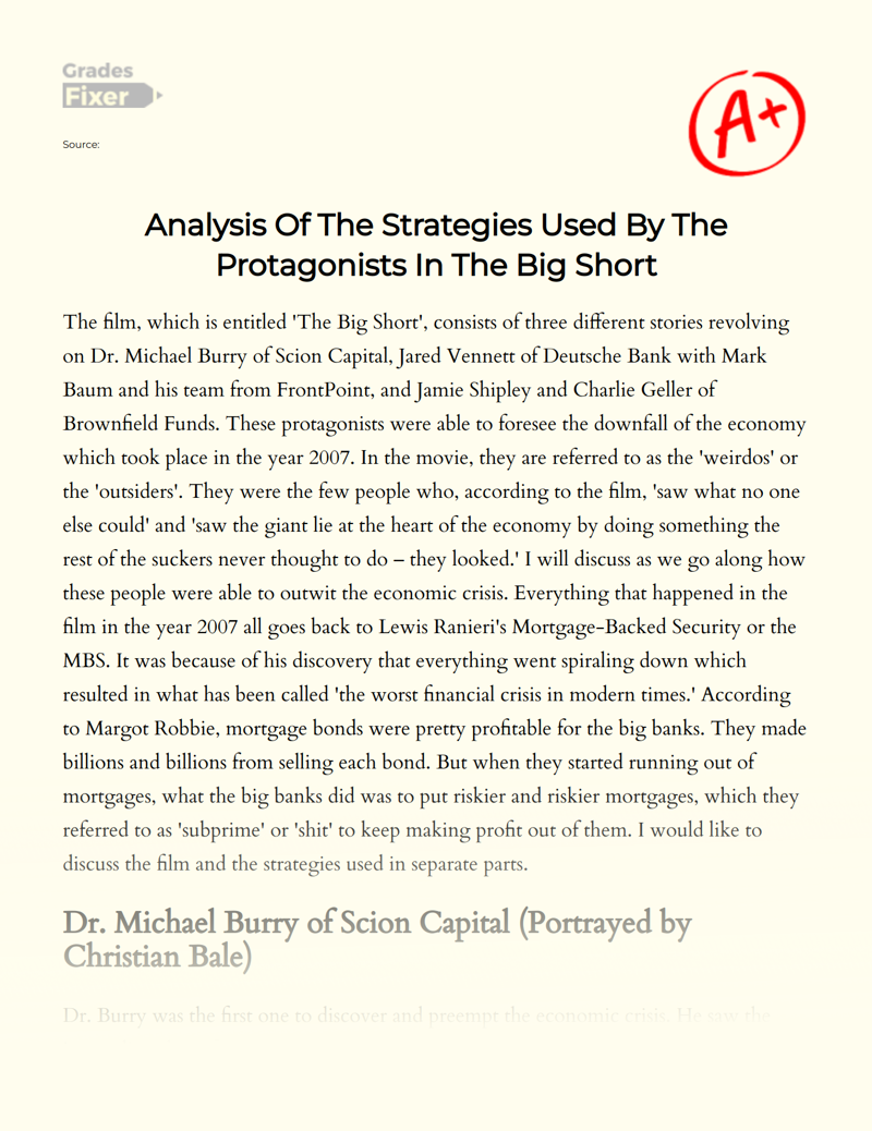 Analysis of The Strategies Used by The Protagonists in The Big Short Essay