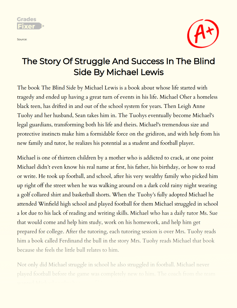 The Story of Struggle and Success in The Blind Side by Michael Lewis Essay
