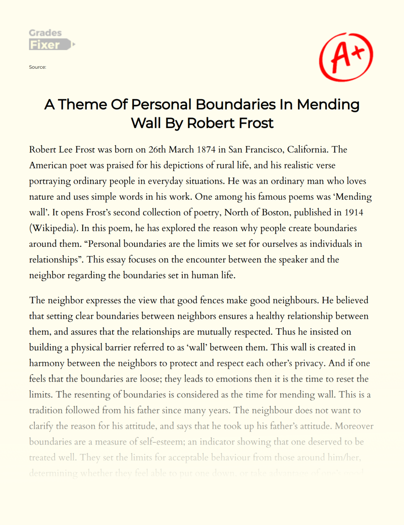 A Theme of Personal Boundaries in Mending Wall by Robert Frost Essay