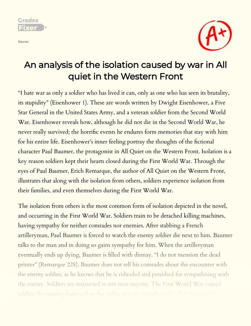 An Analysis of The Isolation Caused by War in All Quiet in The Western Front essay