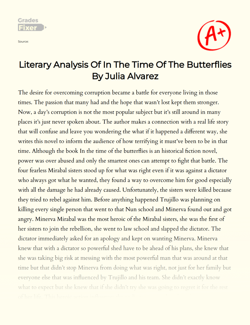 Literary Analysis of in The Time of The Butterflies by Julia Alvarez Essay