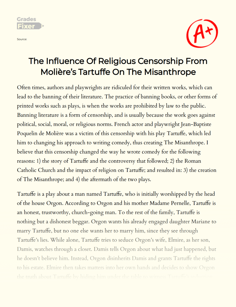 The Influence of Religious Censorship from Molière’s Tartuffe on The Misanthrope Essay
