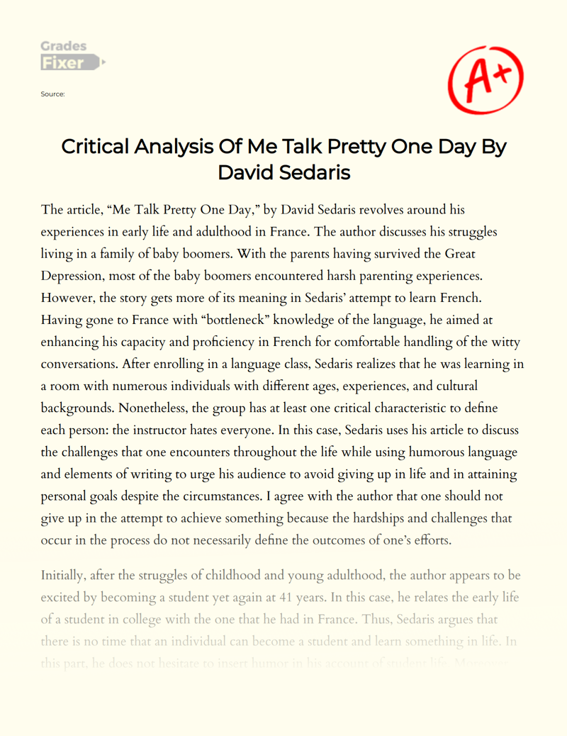 skrivebord Rodeo Udfør Critical Analysis Of Me Talk Pretty One Day By David Sedaris: [Essay  Example], 870 words GradesFixer