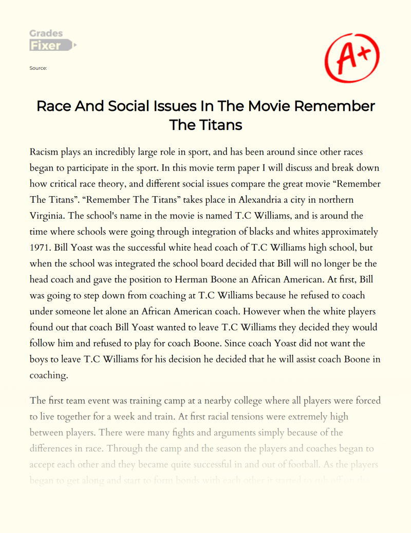Race and Social Issues in The Movie Remember The Titans Essay