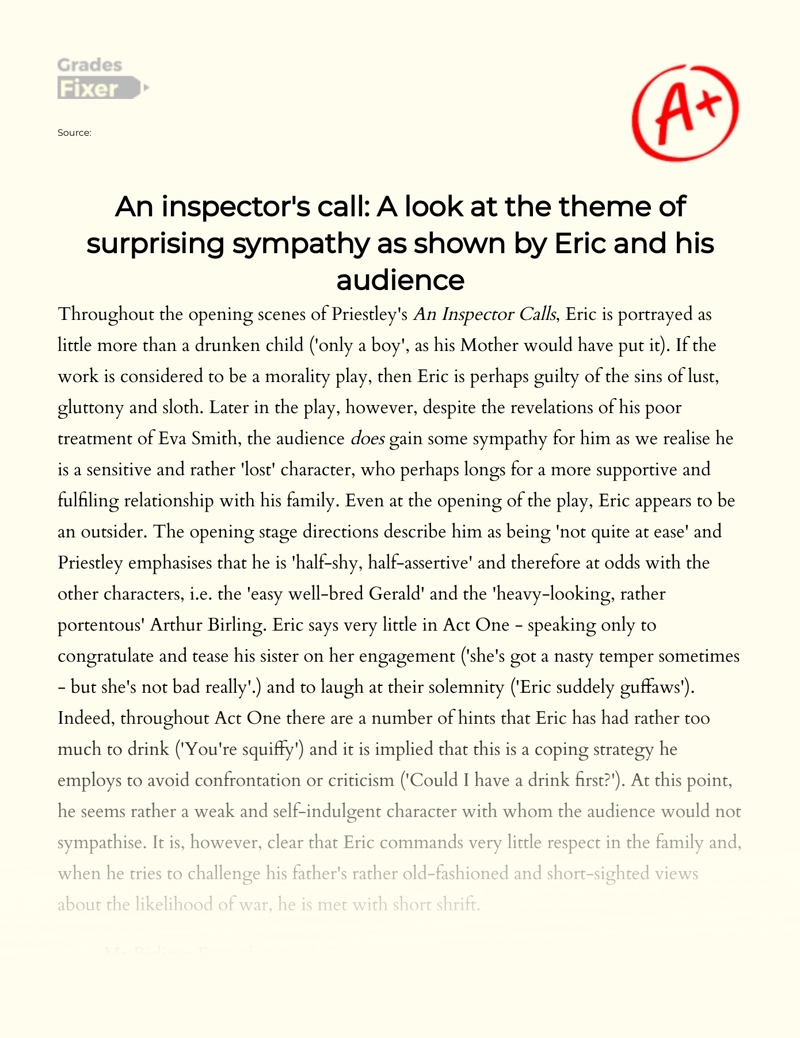 An Inspector Calls: The Theme of Surprising Sympathy as Shown by Eric and His Audience essay